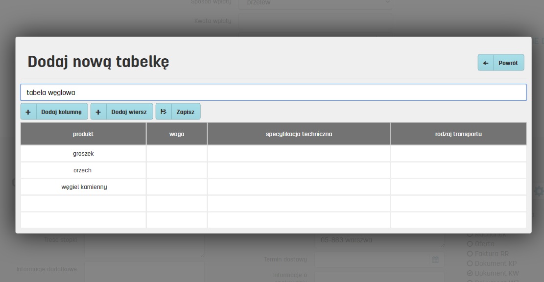 Własne tabele w fakturze