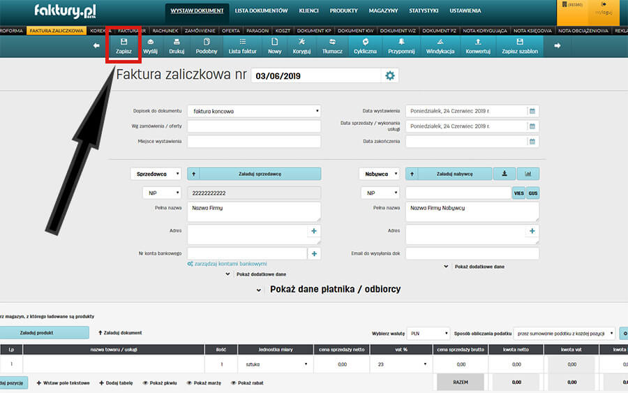 Zapis faktury zaliczkowej w oprogramowaniu faktury.pl