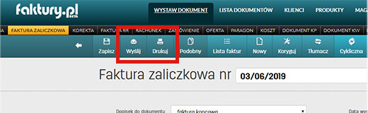 Wydruk i wysyłka faktury zaliczkowej w programie faktury.pl