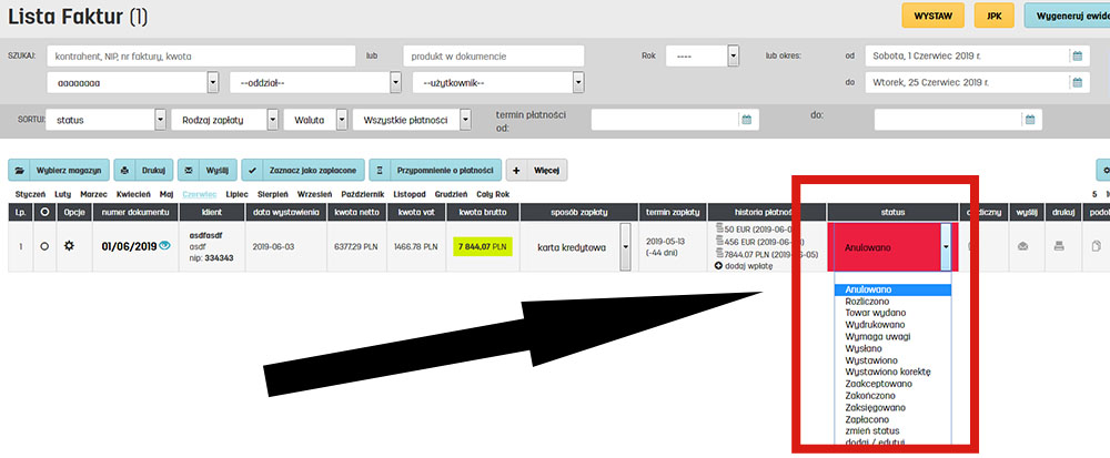 Zmiana statusu dokumentu z poziomu listy dokumentów w programie faktury.pl