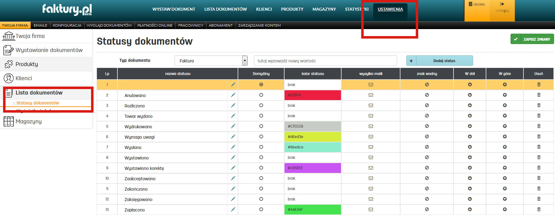 Ustawienia listy dokumentów w najlepszym oprogramowaniu do faktur online faktury.pl