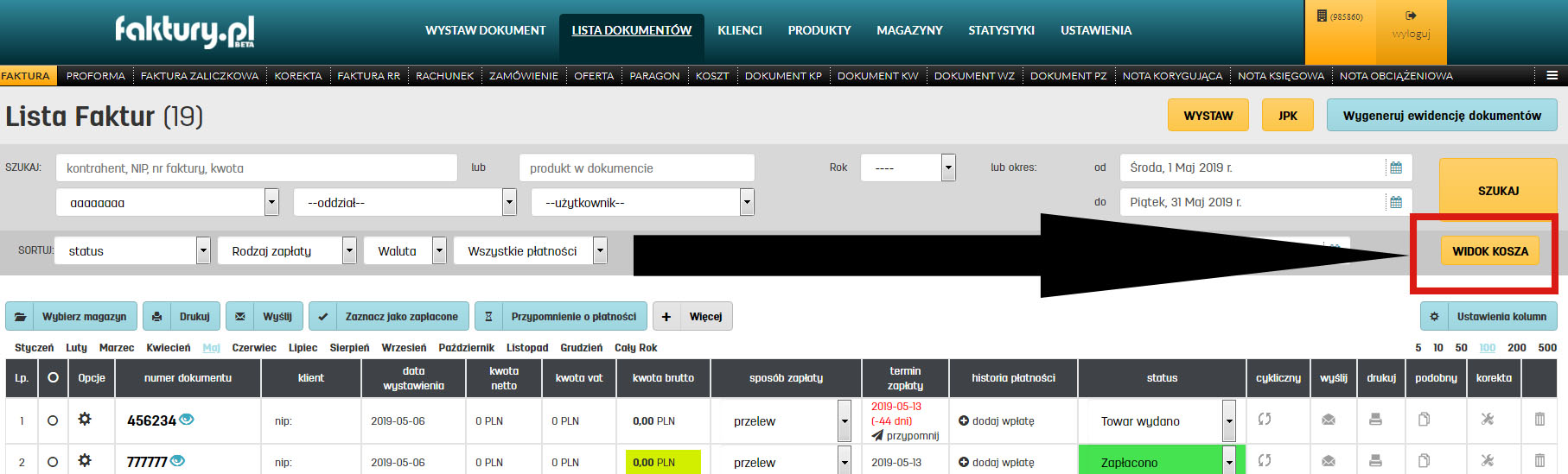 Kosz na liście dokumentów faktury.pl Lista dokumentów usuniętych w programie faktury.pl