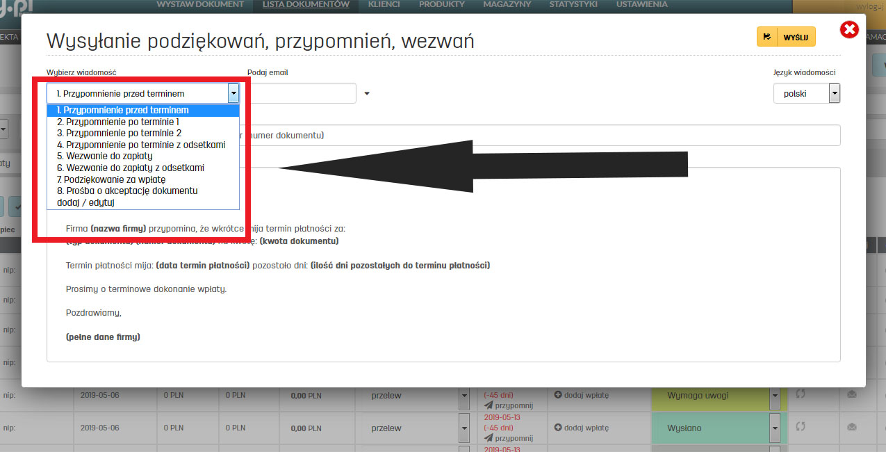 Wysyłanie podziękowań za wpłatę i innych wiadomości do kontrahenta na faktury.pl