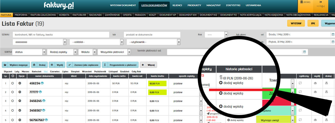 Dodawanie wpłaty i historia płatności na faktury.pl