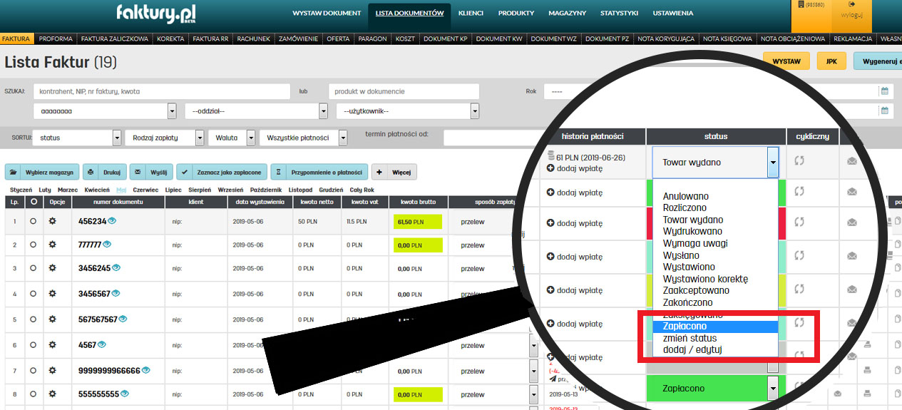 Zmiana statusu opłaconej faktury w programie do faktur online faktury.pl