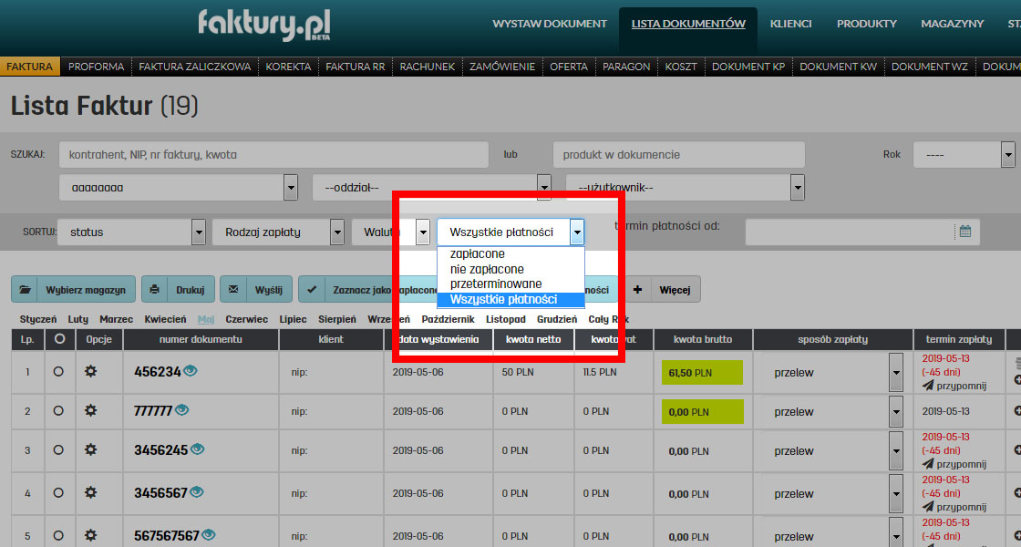 Jak wyświetlić tylko zapłacone faktury w programie faktury.pl Sortowanie faktur po płatności w programie do wystawiania faktur faktury.pl