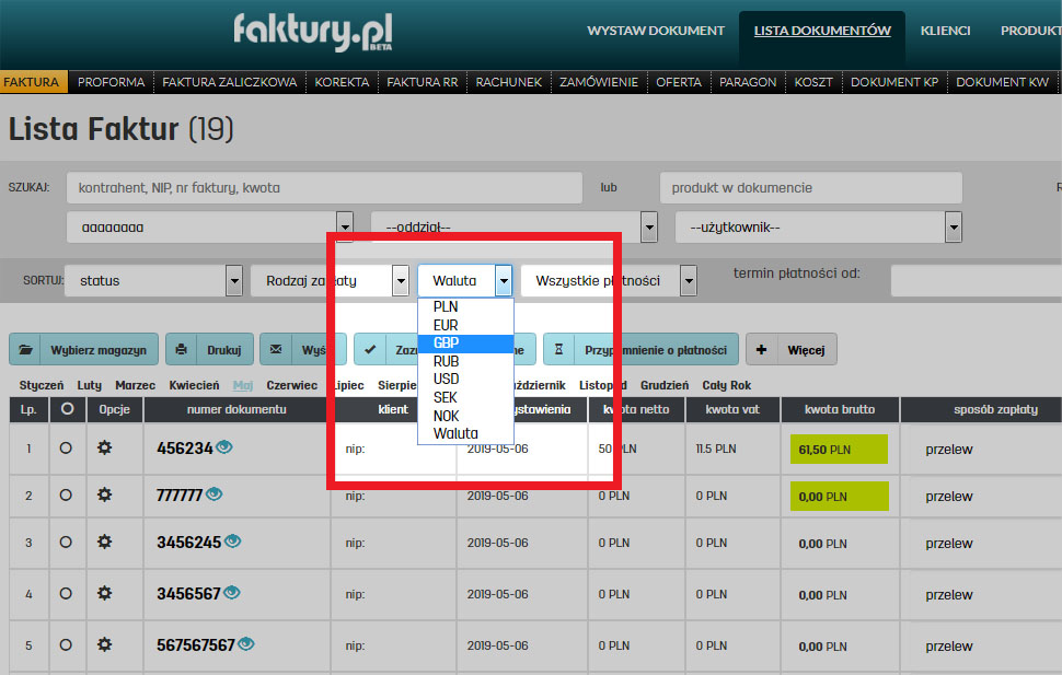 Jak wysortować faktury w euro na faktury.pl Sortowanie faktur po walucie w oprogramowaniu do faktur online faktury.pl