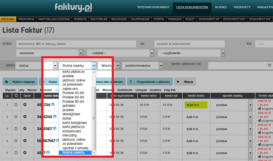 Jak wysortować faktury po sposobie płatności w faktury.pl Sortowanie faktur po rodzaju płatności w faktury.pl