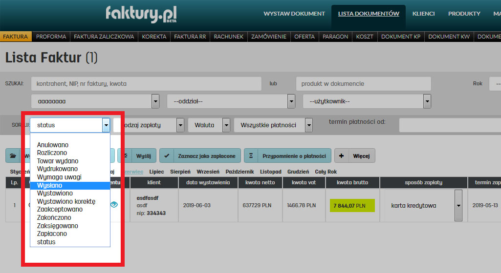 Jak wysortować faktury o wybranym statusie na liście faktur programu faktury.pl Sortowanie faktur po statusie w faktury.pl