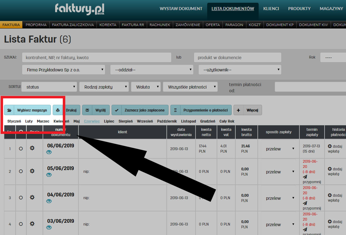 Filtrowanie faktur po magazynie w serwisie faktury.pl Lista faktur z wybranego magazynu w serwisie faktury.pl