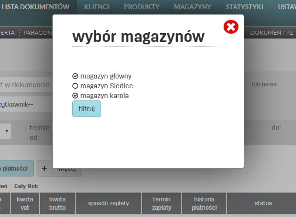Jak filtrować faktury po magazynie na faktury.pl Wybór magazynu przy filtrowaniu faktur w serwisie faktury.pl