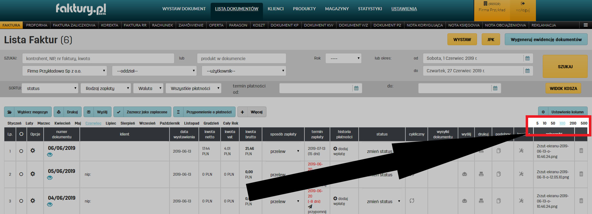 Liczba wyświetlanych w tabeli dokumentów na faktury.pl Jak zmienić liczbę widocznych dokumentów na liście dokumentów w faktury.pl
