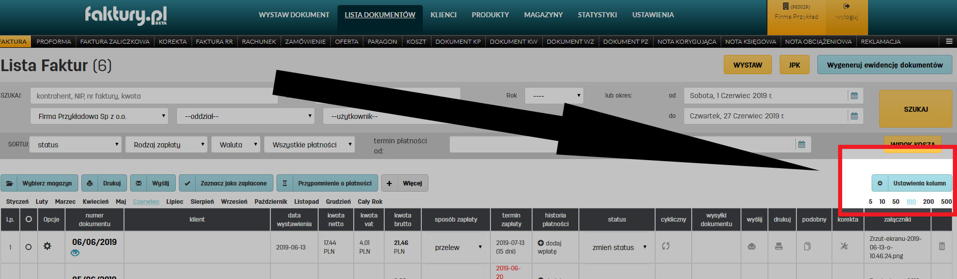 Ustawienie widoku tabeli z listą dokumentów