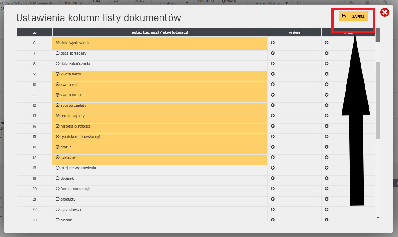 Ustawienia kolumn listy dokumentów w serwisie faktury.pl