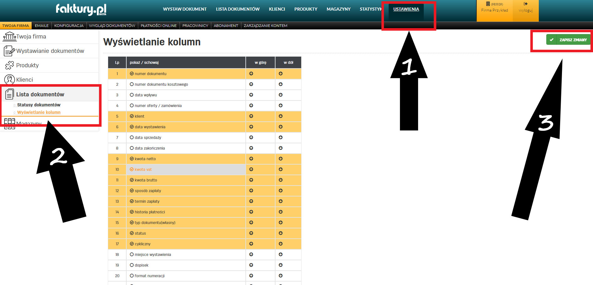 Dane wyświetlane na liście faktur w serwisie faktury.pl