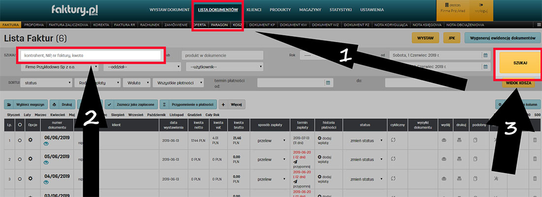 Wyszukiwarka na liście faktur w programie do faktur online faktury.pl Wyszukiwanie faktury po numerze NIP na faktury.pl