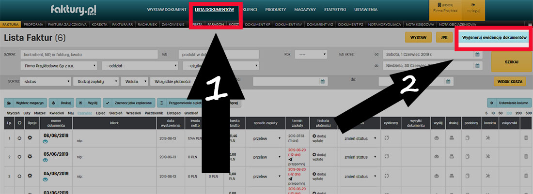 Generowanie ewidencji faktur w serwisie do fakturowania online faktury.pl