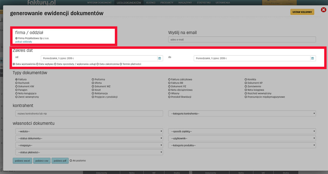 Ustawienia ewidencji faktur w programie faktury.pl