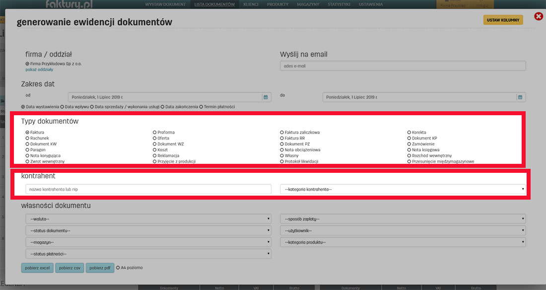 Generowanie ewidencji wybranych typów dokumentów w programie faktury.pl