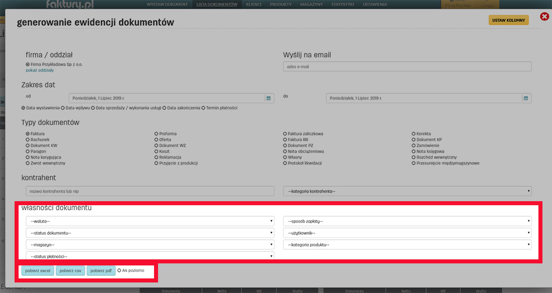 Własności dokumentu w ewidencji faktur na faktury.pl