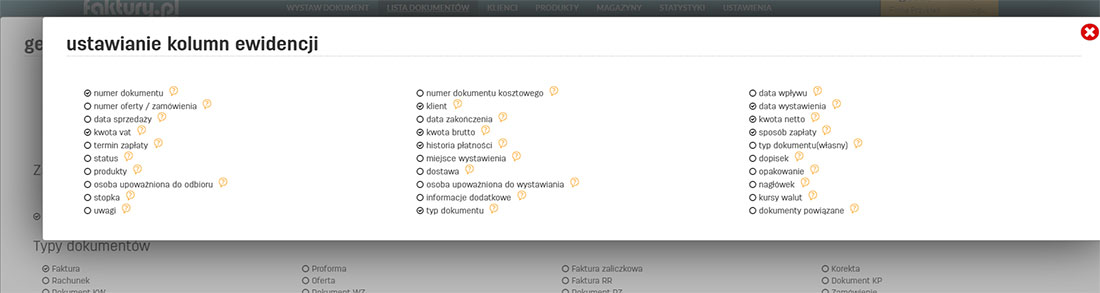 Ustawienia kolumn ewidencji faktur