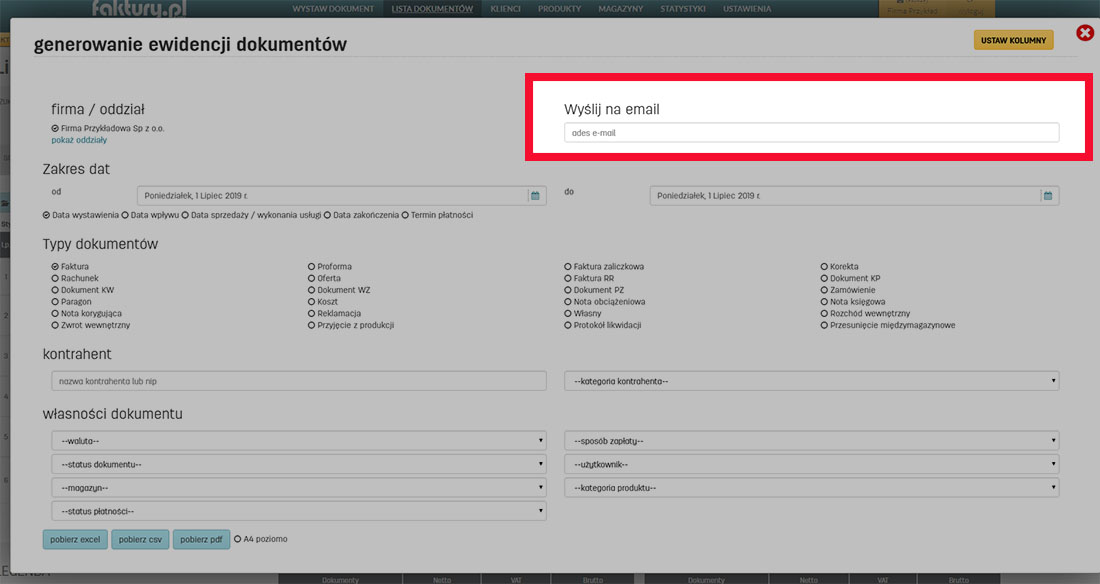 Wysyłanie ewidencji dokumentów na adres email