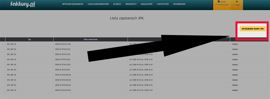 JPK w serwisie do faktur online faktury.pl Wygeneruj nowy JPK w serwisie faktury.pl