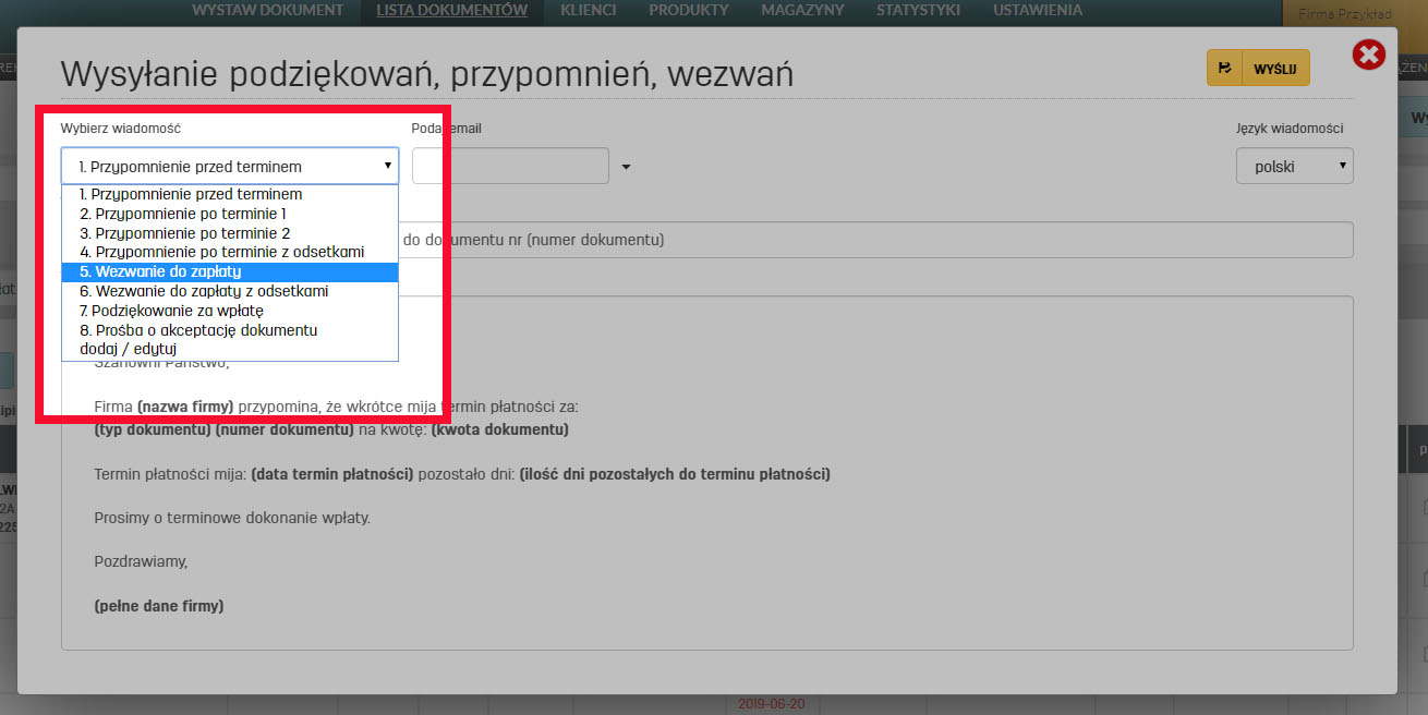 Wysyłka przypomnień o płatności do kontrahentów zapisanych w bazie faktury.pl