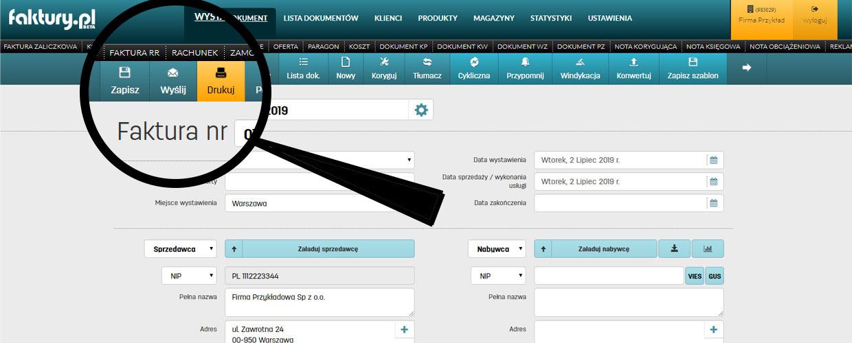 Jak wydrukować fakturę VAT w oprogramowaniu do faktur online faktury.pl Wydruk faktury VAT w programie faktury.pl