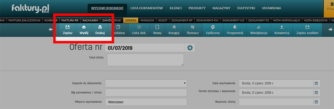 Jak wydrukować ofertę handlową na faktury.pl Zapis wydruk i wysyłka oferty handlowej na faktury.pl