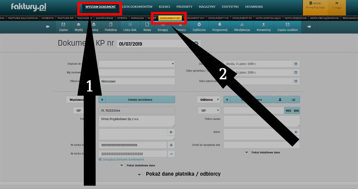 Dokument KP Kasa Przyjęła w oprogramowaniu faktury.pl