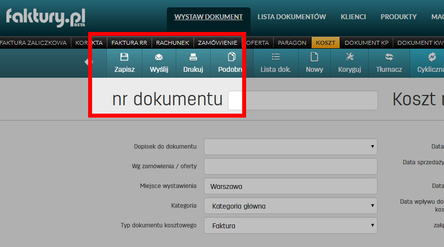 Jak wprowadzić i zapisać fakturę kosztową na faktury.pl Wydruk i wysyłka faktur kosztowych na faktury.pl