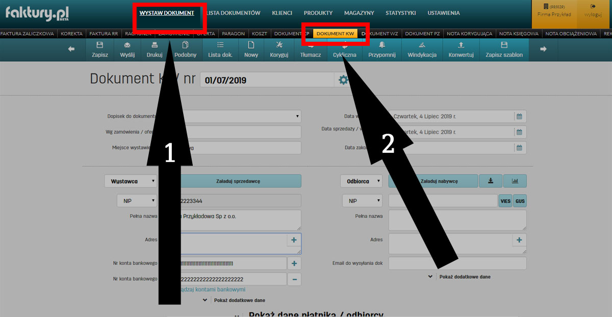 Wystawianie dokumentu Kasa Wydała w oprogramowaniu faktury.pl
