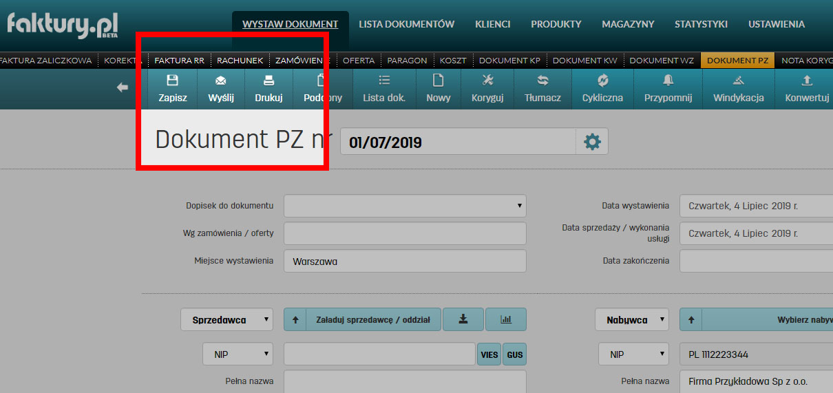 Zapis i wydruk dokumentu PZ w faktury.pl Jak zapisać wystawiony na faktury.pl dokument PZ