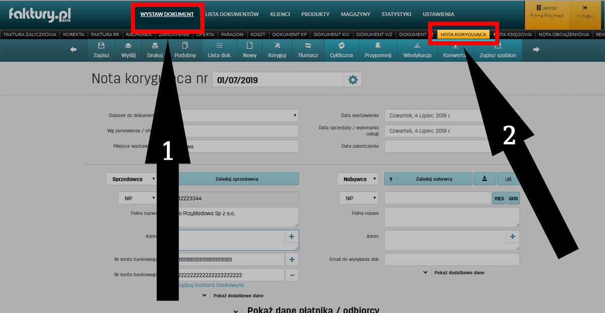 Wystawianie noty księgowej w oprogramowaniu faktury.pl Nota korygująca w oprogramowaniu do faktur online faktury.pl