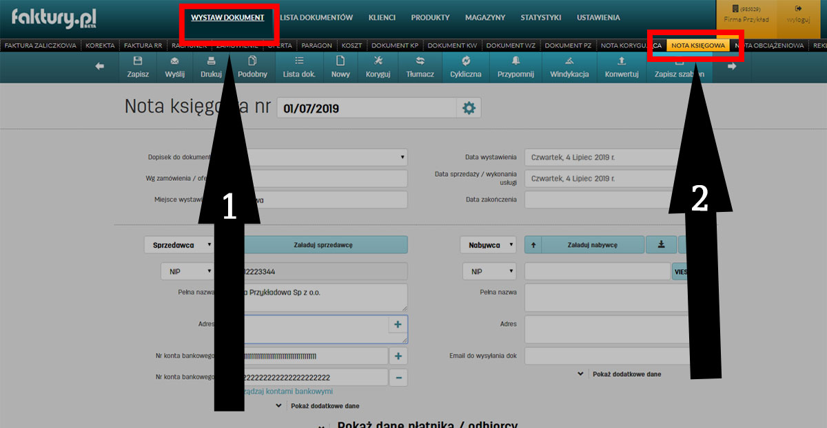 Jak wypełnić notę księgową na faktury.pl Nota księgowa w najlepszym oprogramowaniu do faktur online faktury.pl