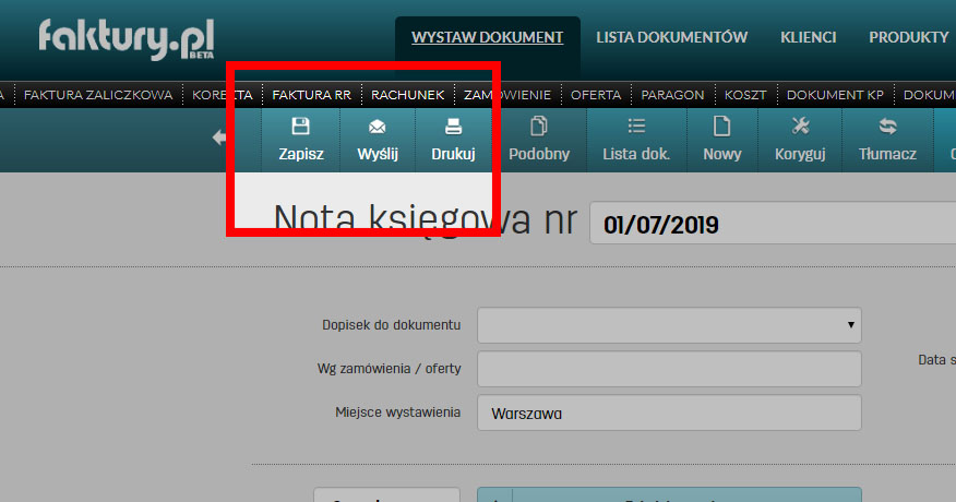 Wypełnianie noty księgowej na faktury.pl Wystawianie noty księgowej na faktury.pl