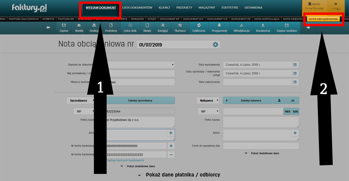 Jak wystawić notę obciążeniową w programie faktury.pl Nota obciążeniowa w oprogramowaniu do wystawiania faktur online faktury.pl