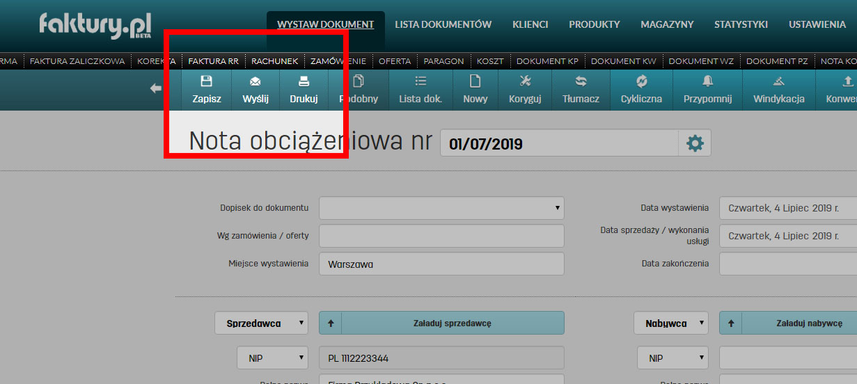 Strona wystawiania noty obciążeniowej na faktury.pl Wystawianie noty obciążeniowej w programie faktury.pl