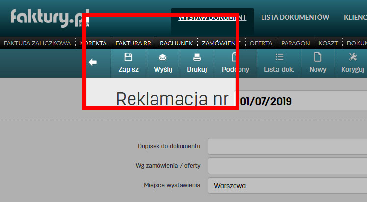 Jak zapisać reklamację wystawioną w programie faktury.pl Zapis reklamacji w programie faktury.pl
