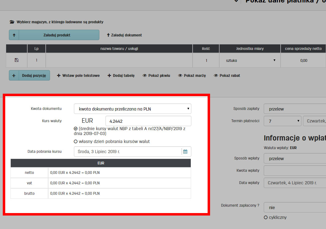 Jak wybrać sposób przeliczania waluty na fakturze walutowej w programie faktury.pl Sposoby przeliczania waluty na faktury.pl