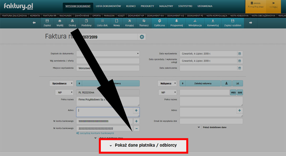 Gdzie mogę wprowadzić dane płatnika i odbiorcy wystawiając fakturę na faktury.pl Dane płatnika i odbiorcy na fakturze w oprogramowaniu do fakturowania online faktury.pl