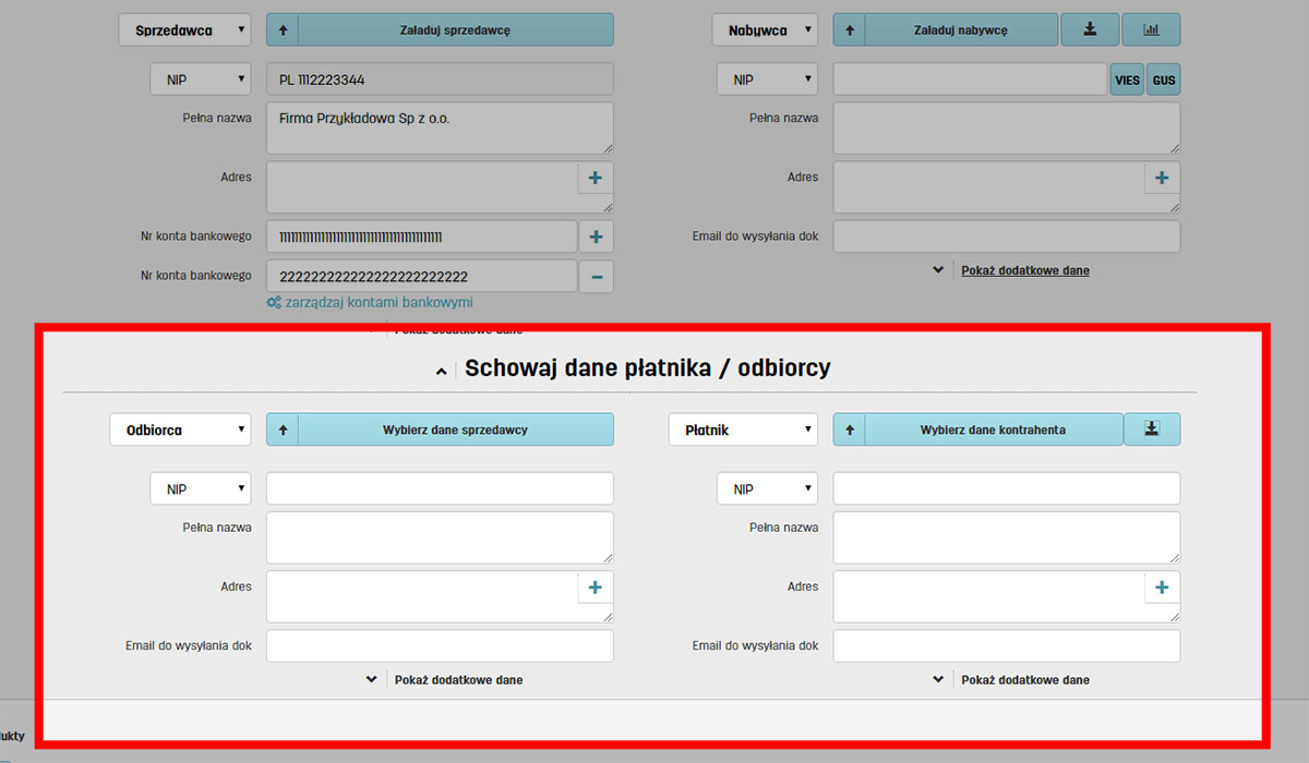 Dane płatnika i odbiorcy na wystawianej fakturze na faktury.pl Pole na dane płatnika na fakturze w oprogramowaniu do fakturowania online faktury.pl