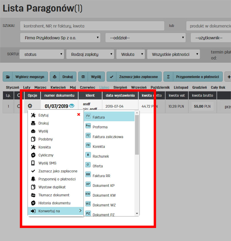 Opcje dotyczące dokumentu zapisanego na liście dokumentów na faktury.pl Opcje dostępne na liście faktur na faktury.pl