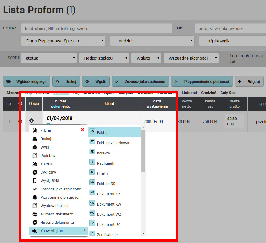 Jak konwertować fakturę na proformę w programie faktury.pl Konwersja w inny typ dokumentu w programie faktury.pl