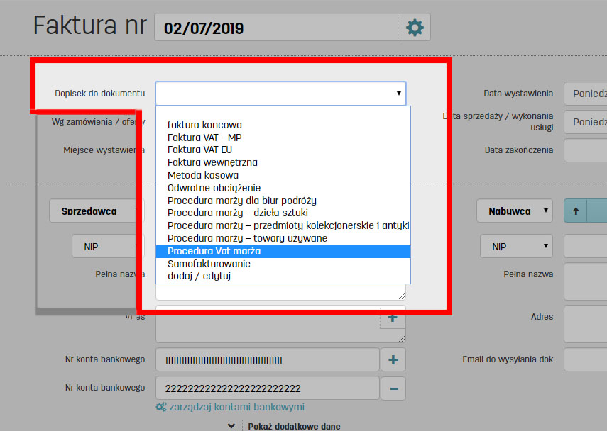 Dopisek do faktury vat marża w programie faktury.pl