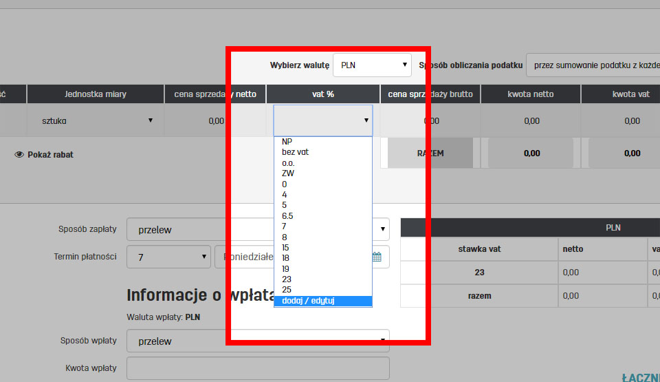 Stawka vat na fakturach wystawianych w programie faktury.pl