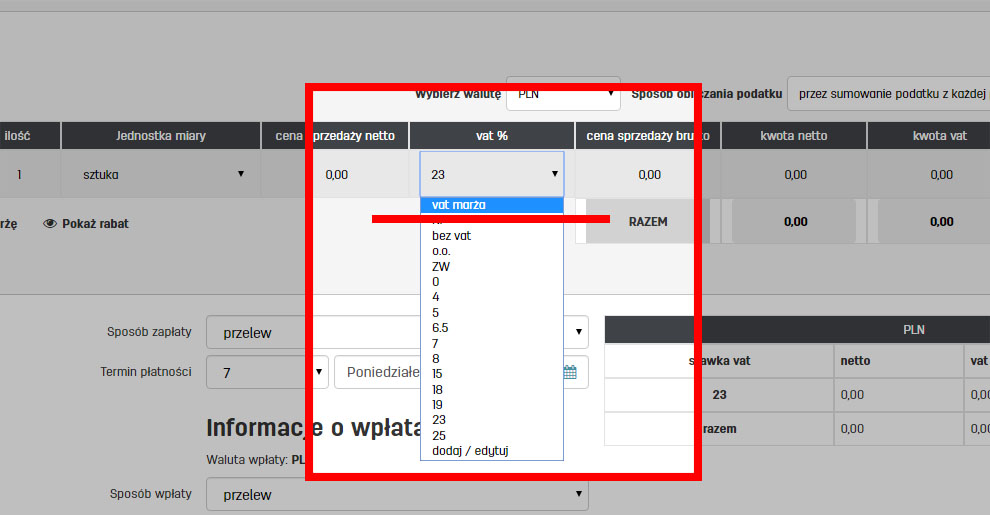 Zmiana stawki vat na fakturze w faktury.pl
