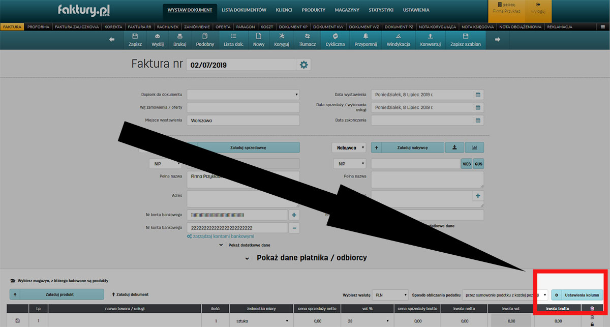 Zamiana kolejności kolumn w tabeli na fakturze w programie faktury.pl