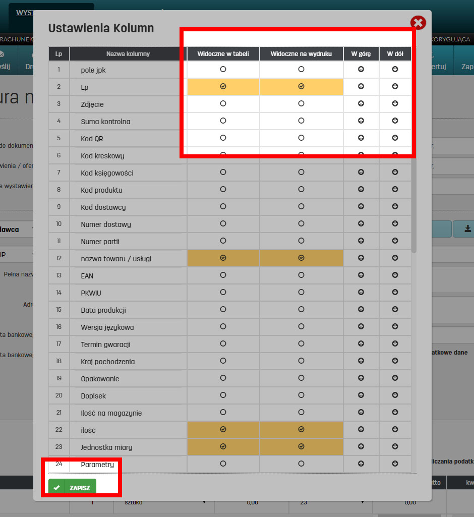 Dane wyświetlane w tabeli z produktami na fakturze